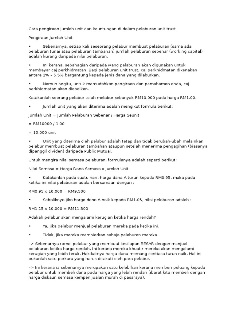 Cara Pengiraan Jumlah Unit Dan Keuntungan Di Dalam Pelaburan Unit Trust Pdf