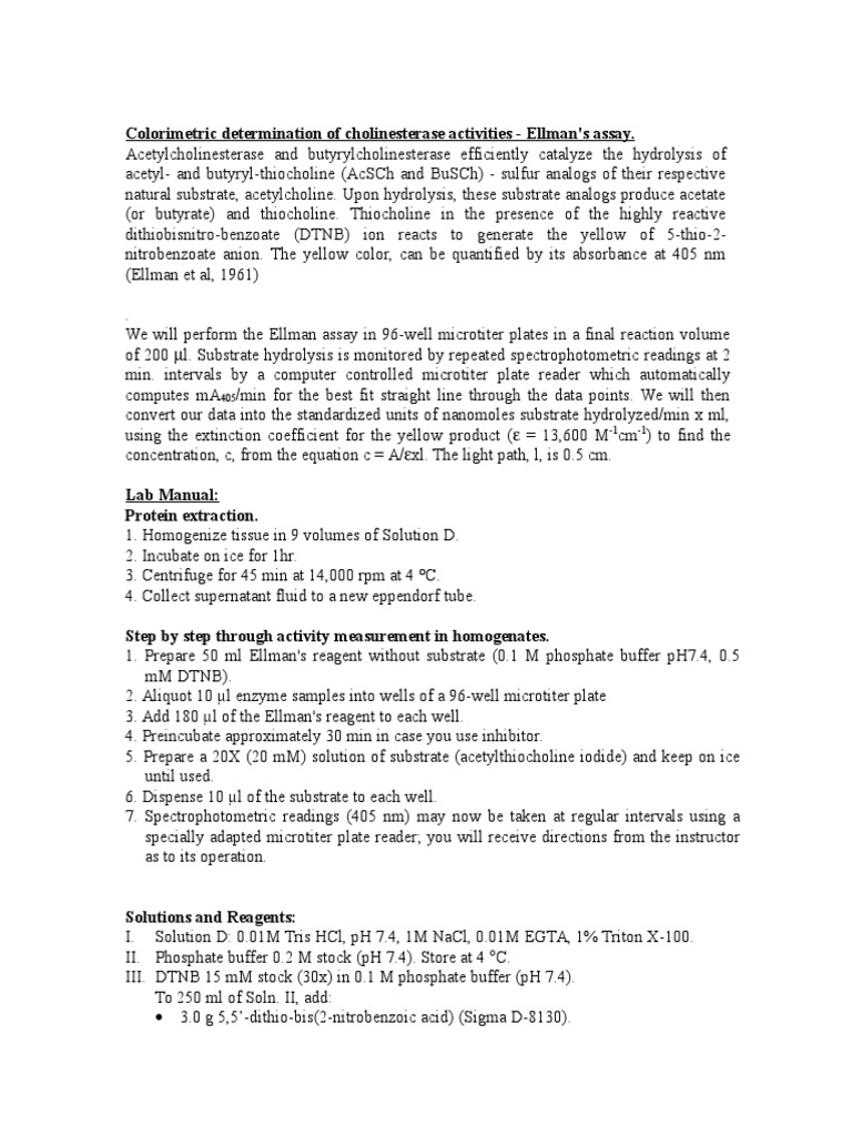 Ellman's Assay for Cholinesterase Activity | PDF | Hydrolysis | Buffer ...