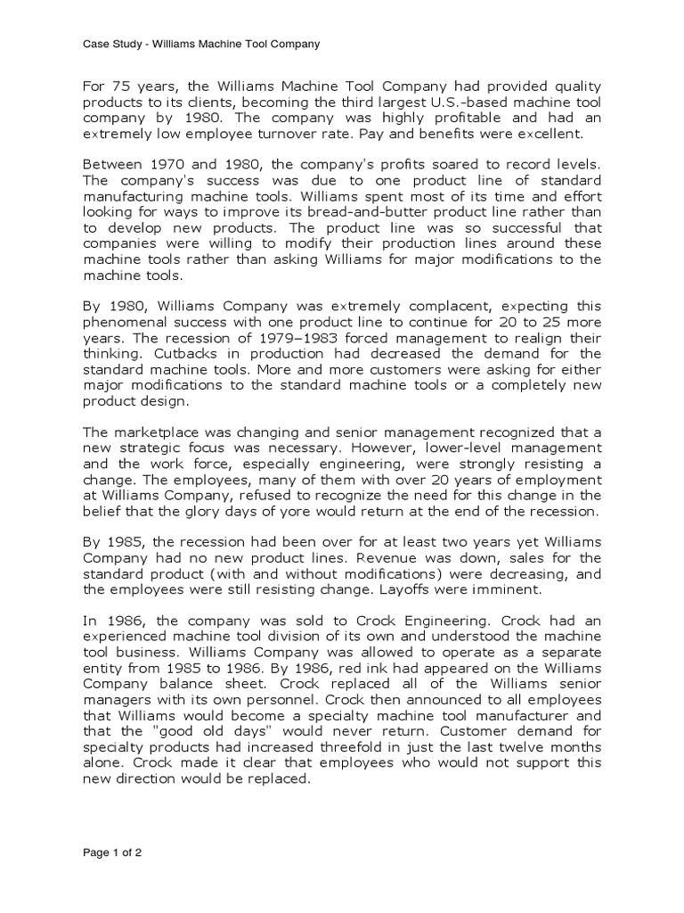 Case 1 Williams Machine Tool Company PDF Recession Employment