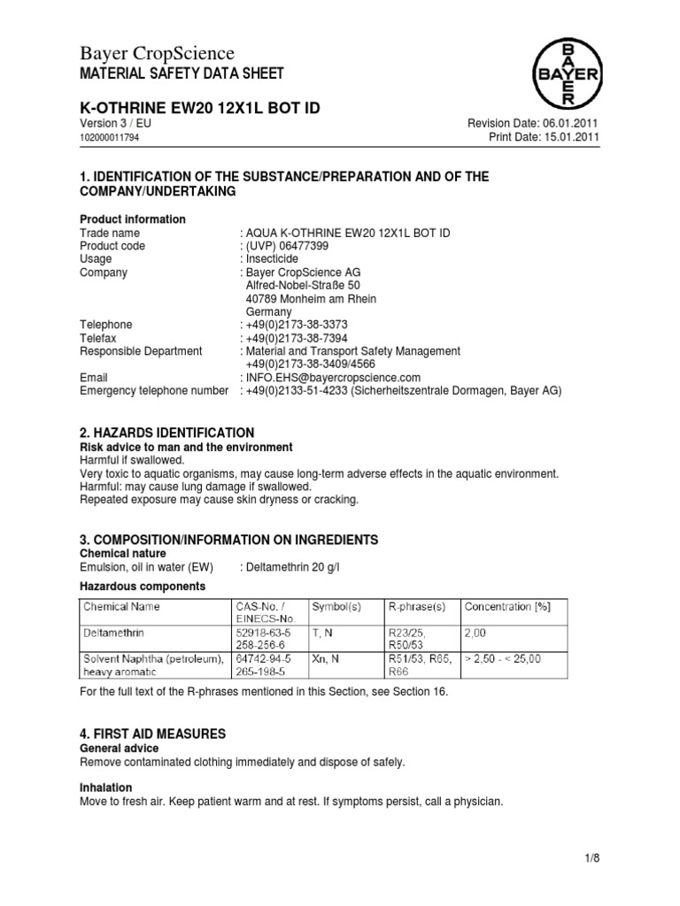 MSDS K-Othrine 20 EW | PDF | Toxicity | Dangerous Goods
