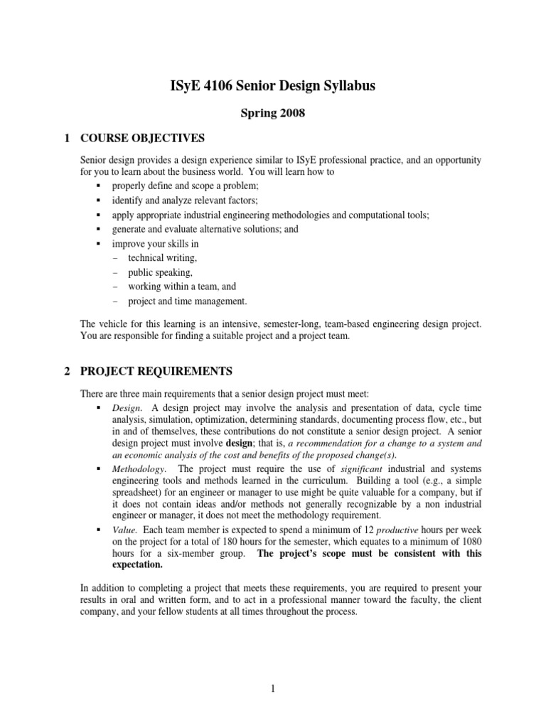 ISyE 4106 Senior Design Syllabus | PDF | Engineer | Engineering Design ...