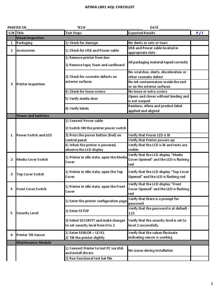 AQL Testing Checklist | PDF | Printer (Computing) | Usb