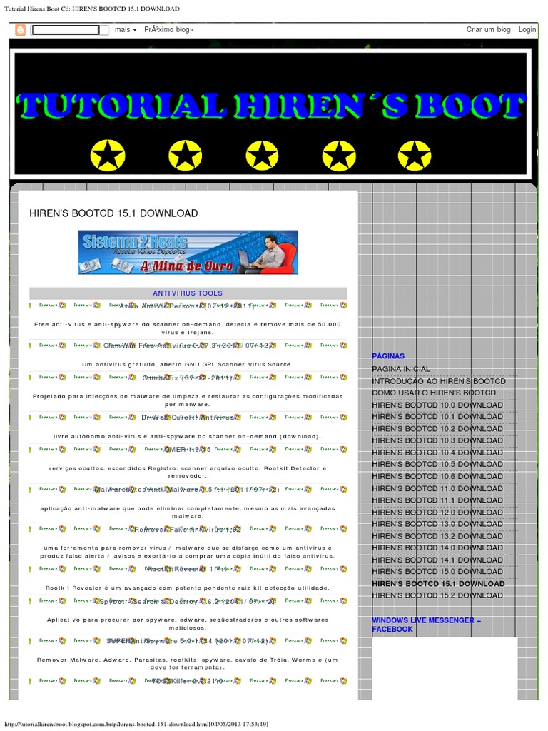 Tutorial Hirens Boot CD - HIREN'S BOOTCD 15.1 Ferramentas | PDF.