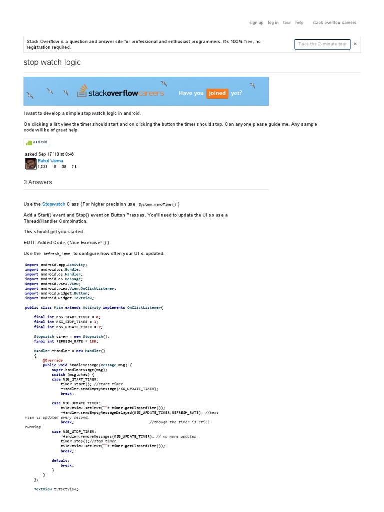 Android - Stop Watch Logic - Stack Overflow | PDF | Timer | Software