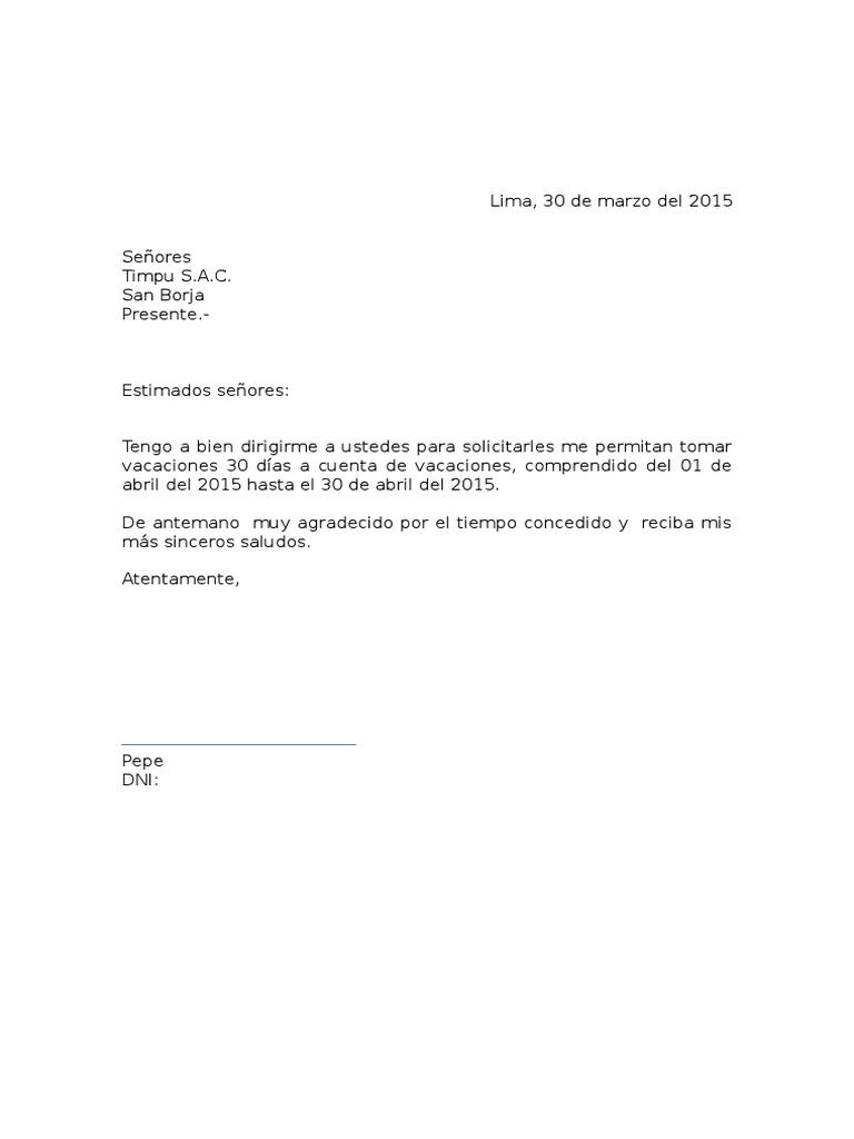 Carta Solicitud Vacaciones Pdf
