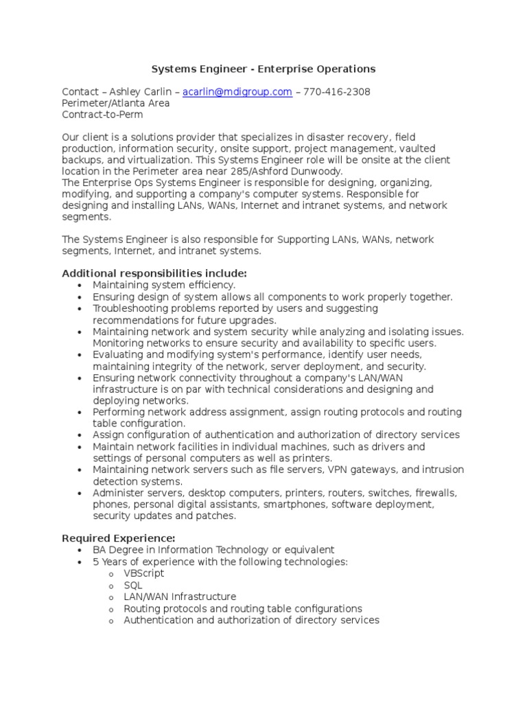 Systems Engineer Role in Atlanta Area | PDF