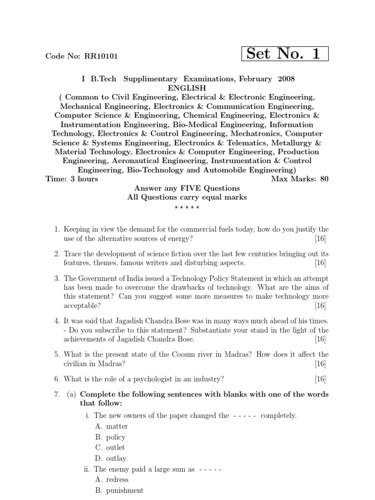 B.Tech English Exam Questions 2008 | PDF