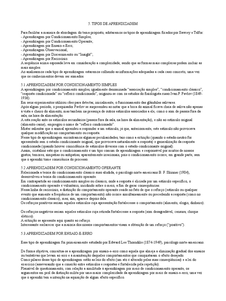 5 Tipos de Aprendizagem | PDF | Aprendizado | Conceitos psicológicos