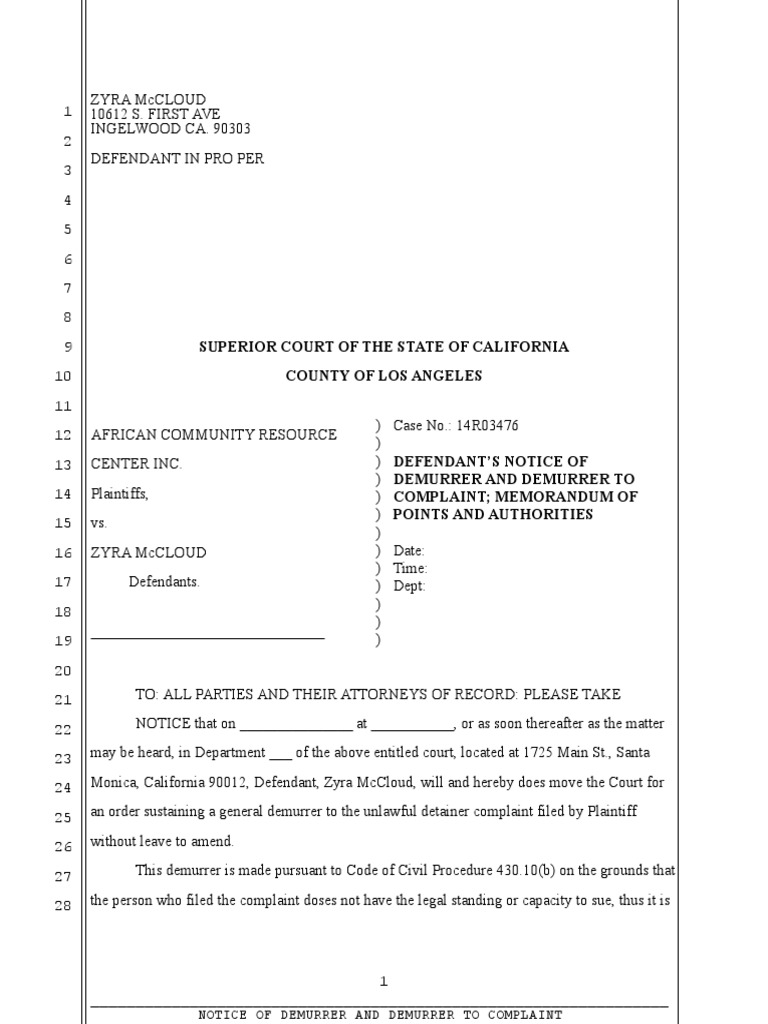 McCloud's Demurrer PDF Demurrer Standing (Law)