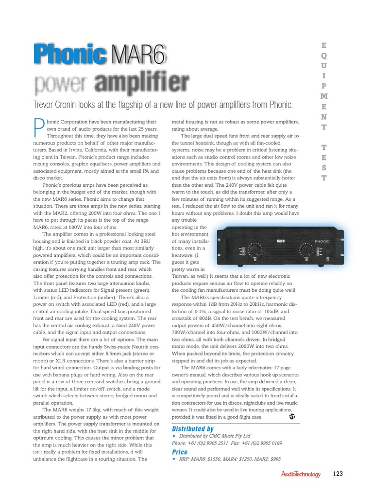 Phonic MAR6 Power Amplifier Review | PDF | Amplifier | Electrical