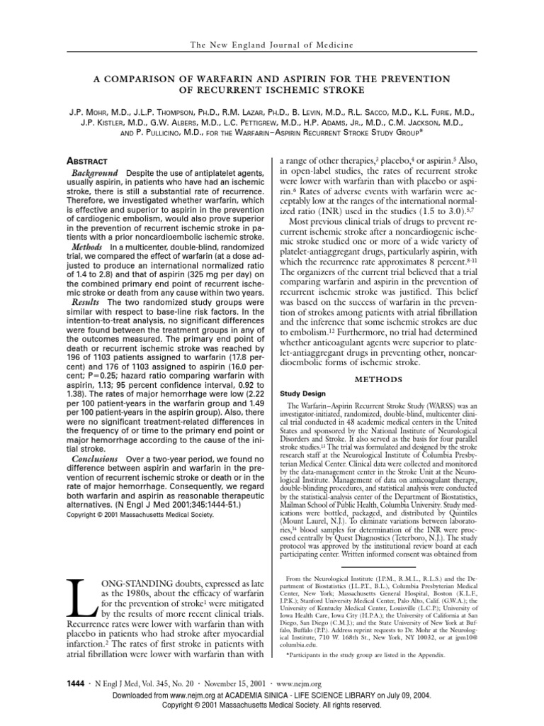 A Comparison of Warfarin and Aspirin for the Prevention Stroke