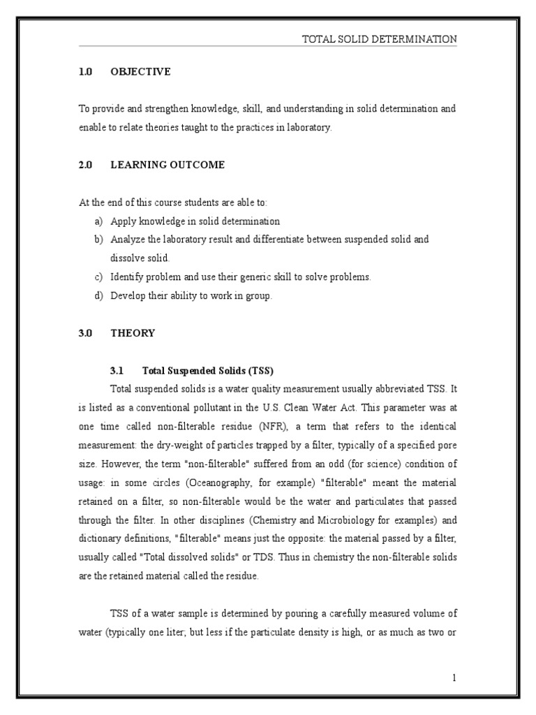 Solid Determination in Water Quality | PDF | Water | Chemistry