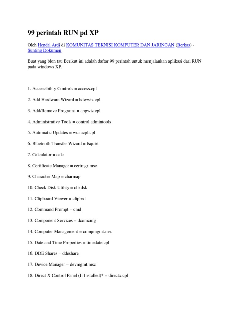 99 RUN Commands for Windows XP | PDF