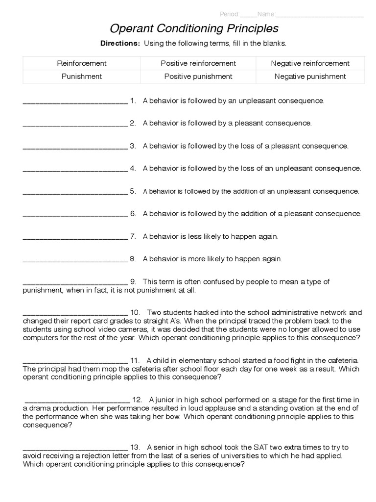 Operant Conditioning Principles Directions Using The Following Terms Fill In The Blanks Punishments Reinforcement