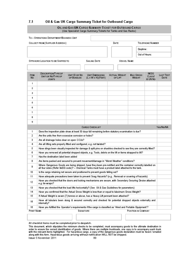 CCU Cargo Checklist Cargo Elevator