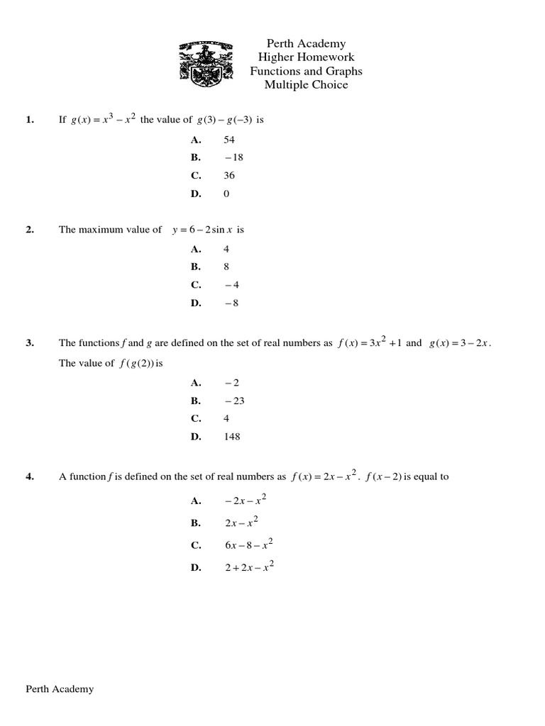 Perth Academy Functions and Graphs Quiz | PDF | Teaching Methods ...