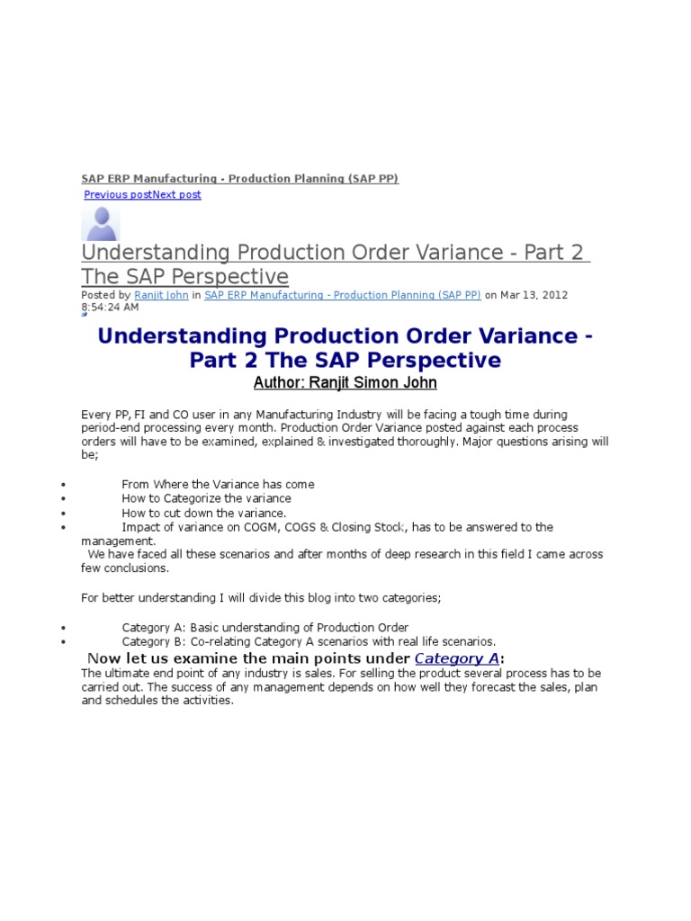 Production Variances in SAP Product Costing PDF Debits And Credits