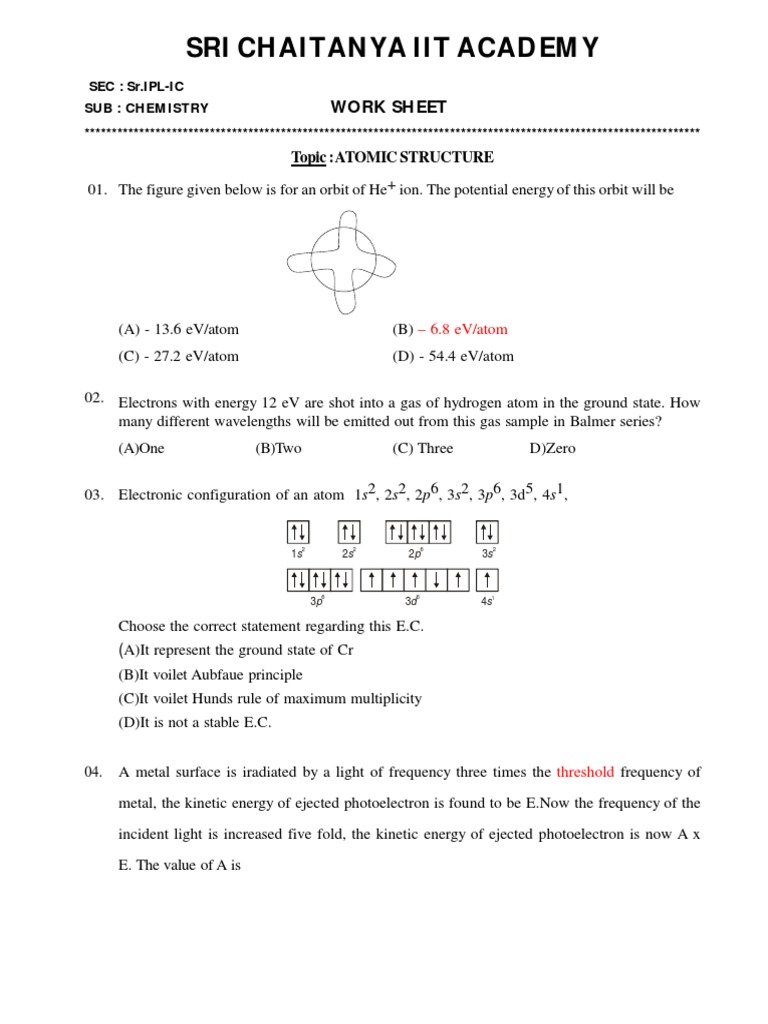 Sri Chaitanya Iit Academy: Work Sheet | PDF | Electron Configuration ...