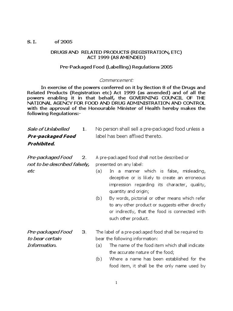NAFDAC PrePackaged Food Labelling Regulations 2005 PDF Legal