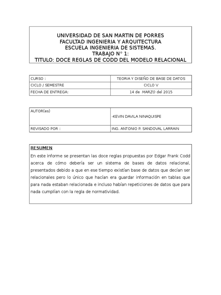 Reglas de Codd para Bases de Datos | PDF | Modelo relacional | Bases de ...