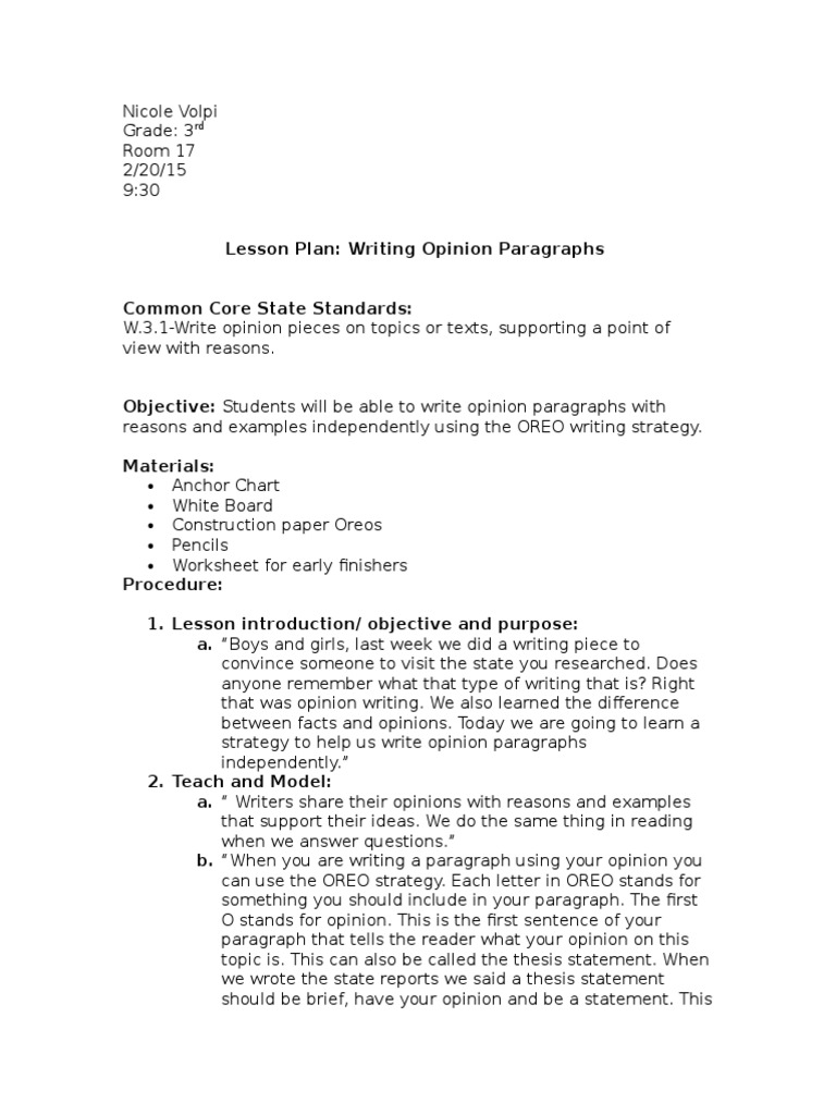 Oreo Opinion Writing Lesson Lesson Plan Cognition