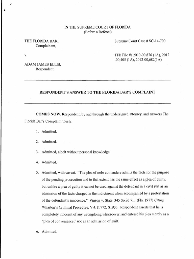 Reply To Florida Bar Complaint PDF Plea Sexual Harassment