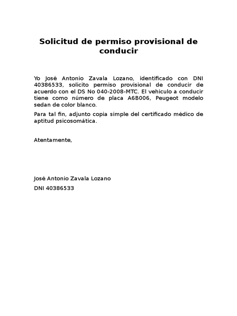 Solicitud De Permiso Provisional De Conducir Pdf