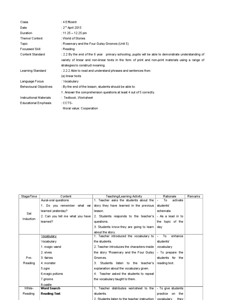 Lesson Plan Year 4 | PDF | Reading Comprehension | Lesson Plan