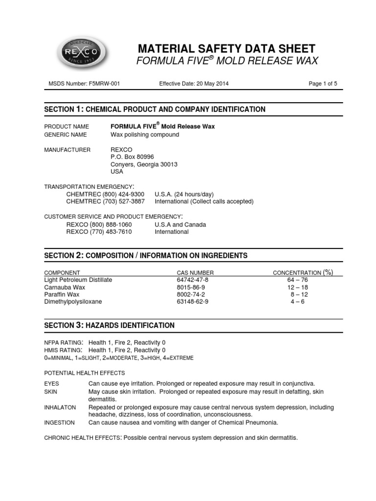MSDS Formula Five Mold Release Wax Chemistry Chemicals