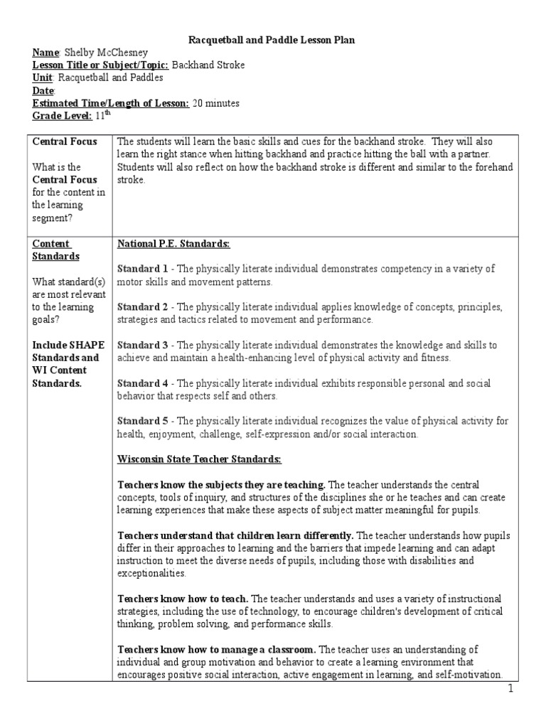 Racquetball and Paddles Lesson Plan PDF Teachers Lesson Plan
