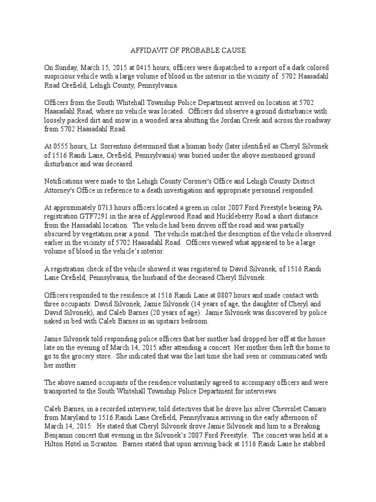 Affidavit of Probable Cause Case of Commonwealth Vs Jamie Silvonek | PDF