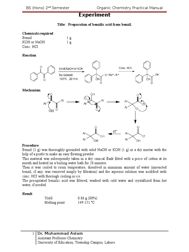 Preparation of Benzilic Acid From Benzil Filtration Sodium Hydroxide