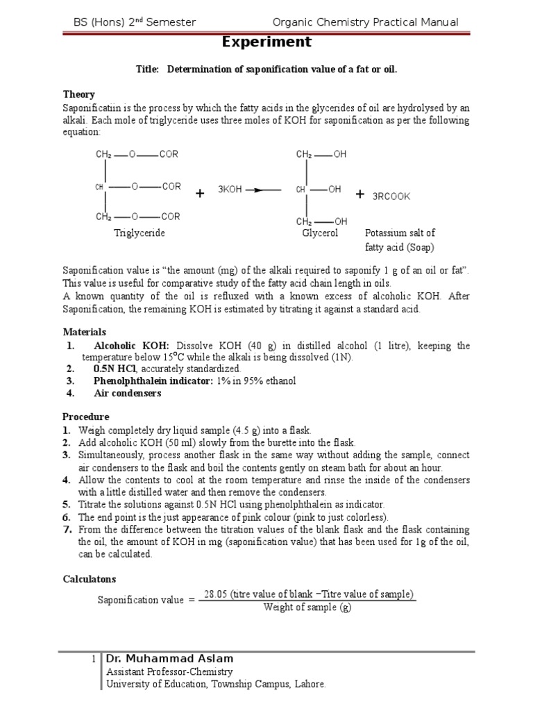Determination Of Saponification Value Of A Fat Or Oil Materials Analytical Chemistry