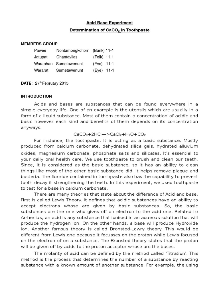 chemistry lab report (back titration) Titration Acid