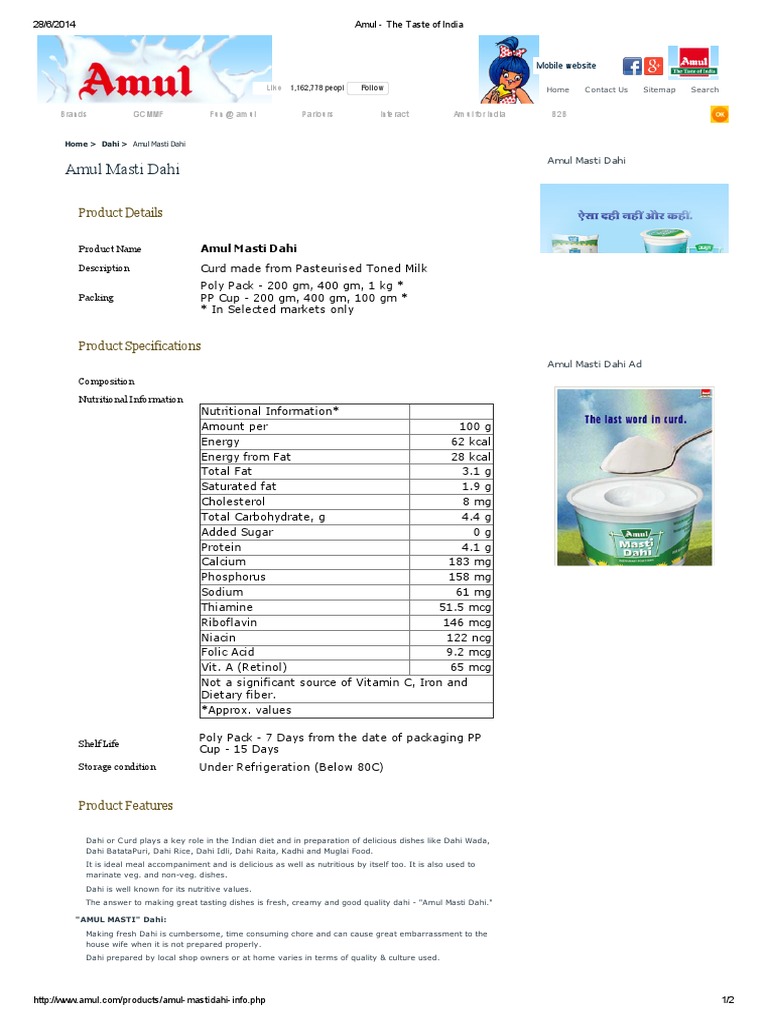Amul Masti Dahi The Taste of India Nutrition Diet & Nutrition