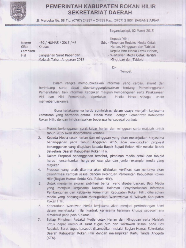 Surat Edaran Setda Tentang Langganan Koran