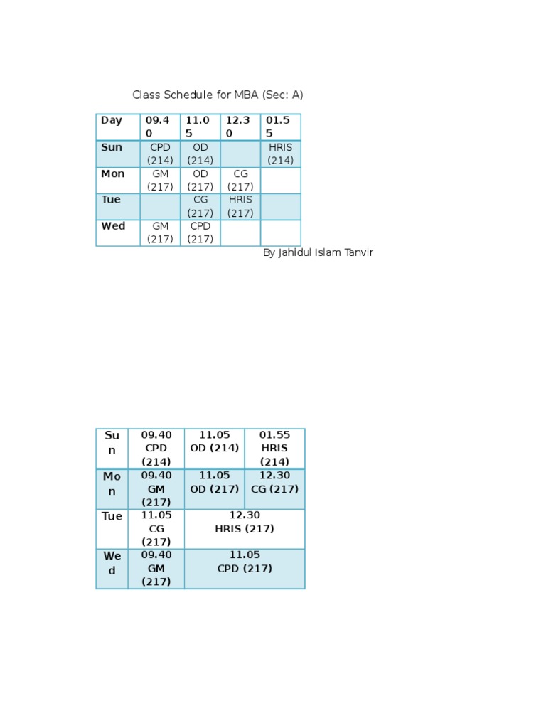 MBA Class Schedule - Sec A | PDF