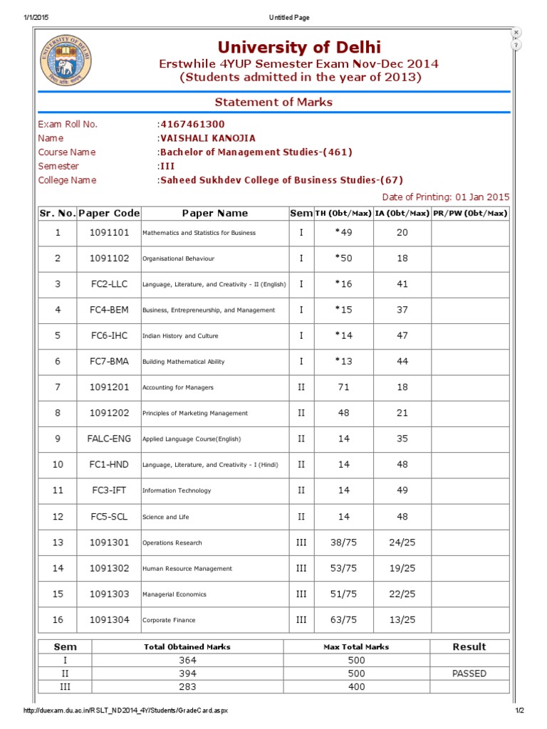 Delhi University BMS Grade Card 2014 | PDF | Business