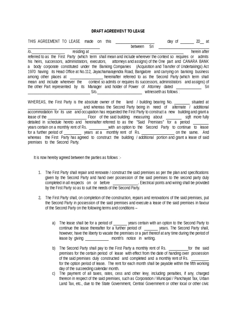 Draft Agreement To Lease | PDF | Lease | Renting
