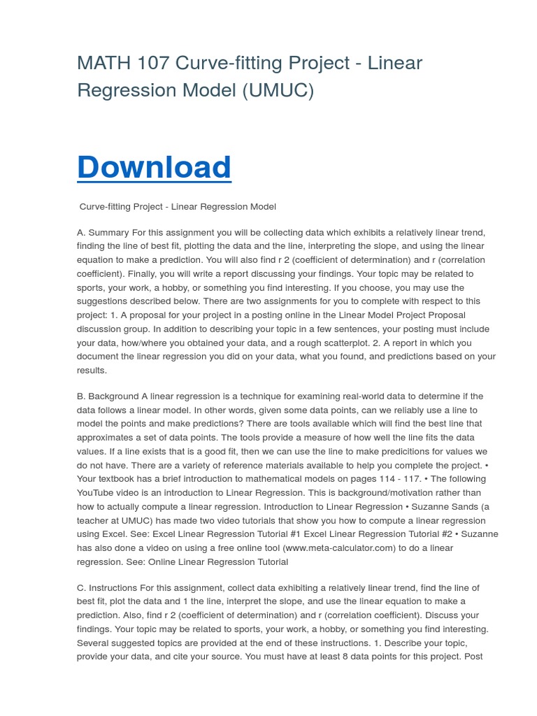 MATH 107 Curve-Fitting Project - Linear Regression Model (UMUC) | PDF ...