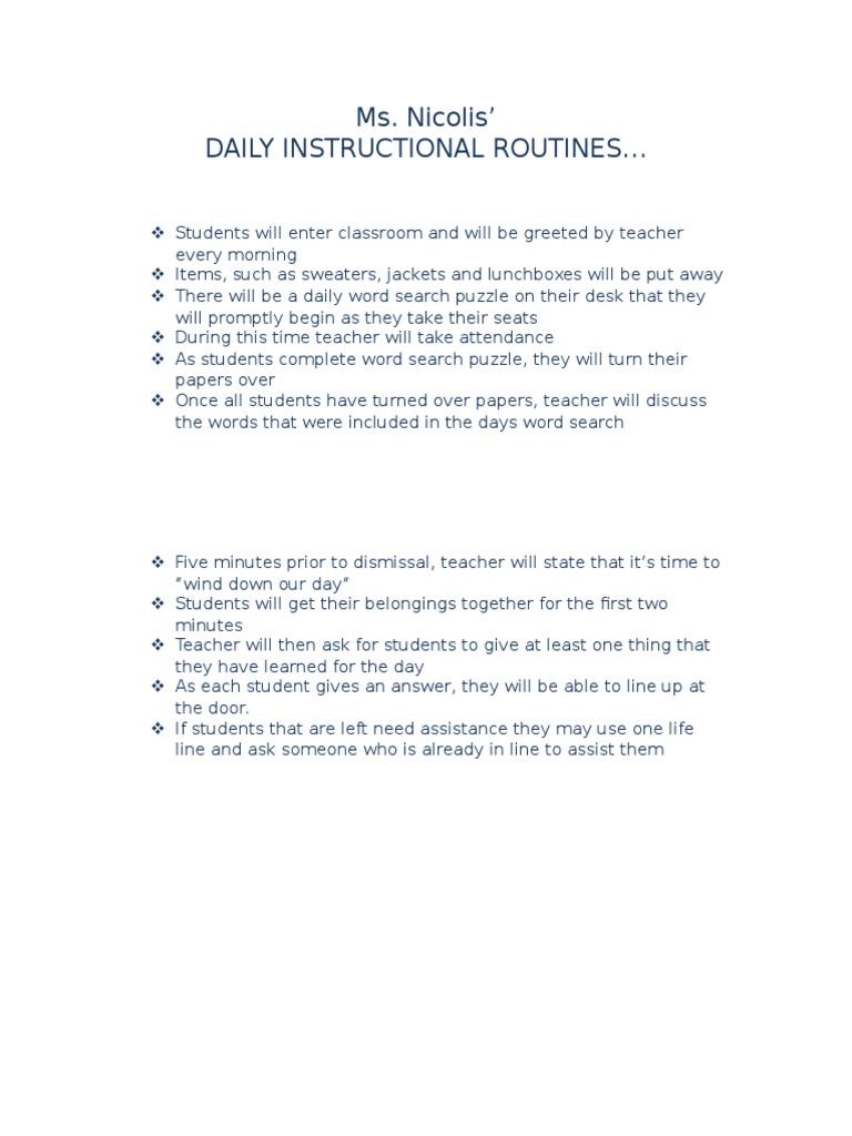 Daily Classroom Routines for Students | PDF | Word Search | Classroom