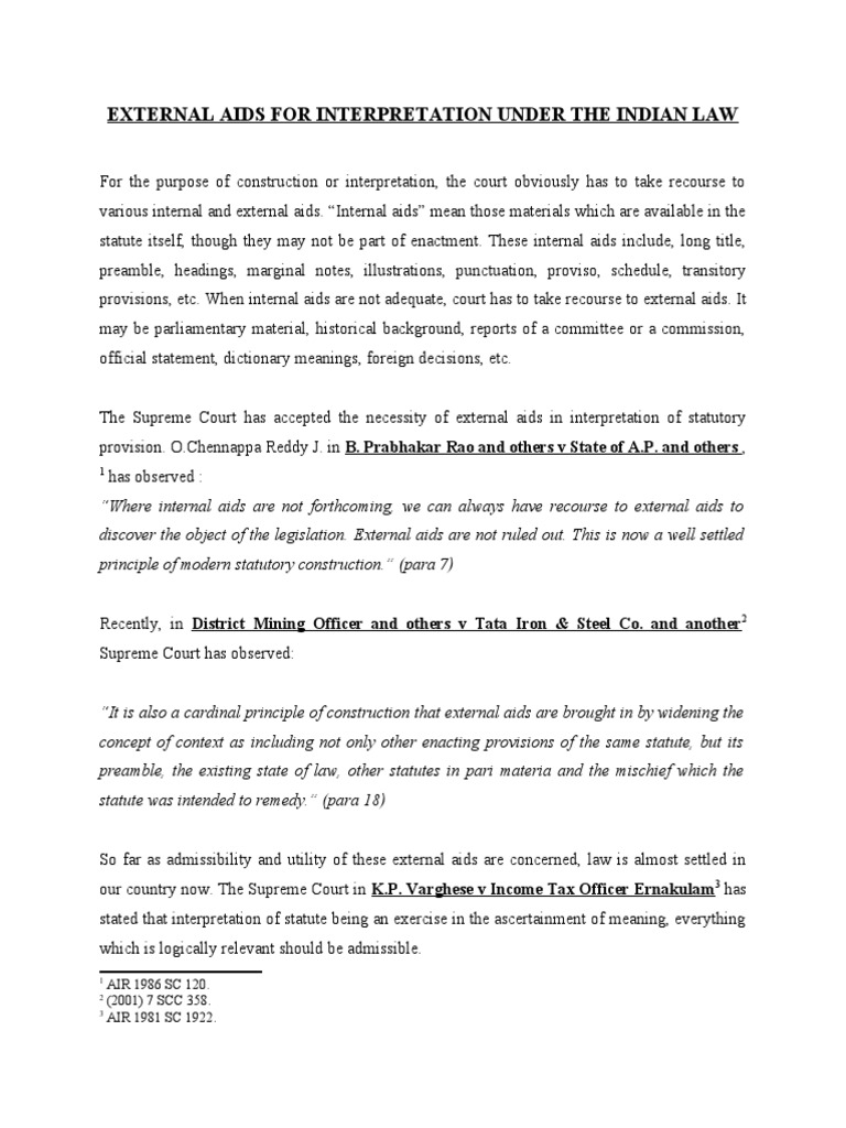 External Aids For Interpretation Under The Indian Law Pdf Statutory Interpretation Precedent