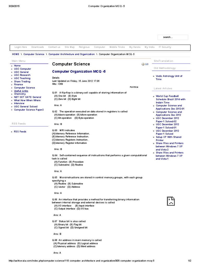 Computer Organization MCQ 5 PDF Input/Output Bit