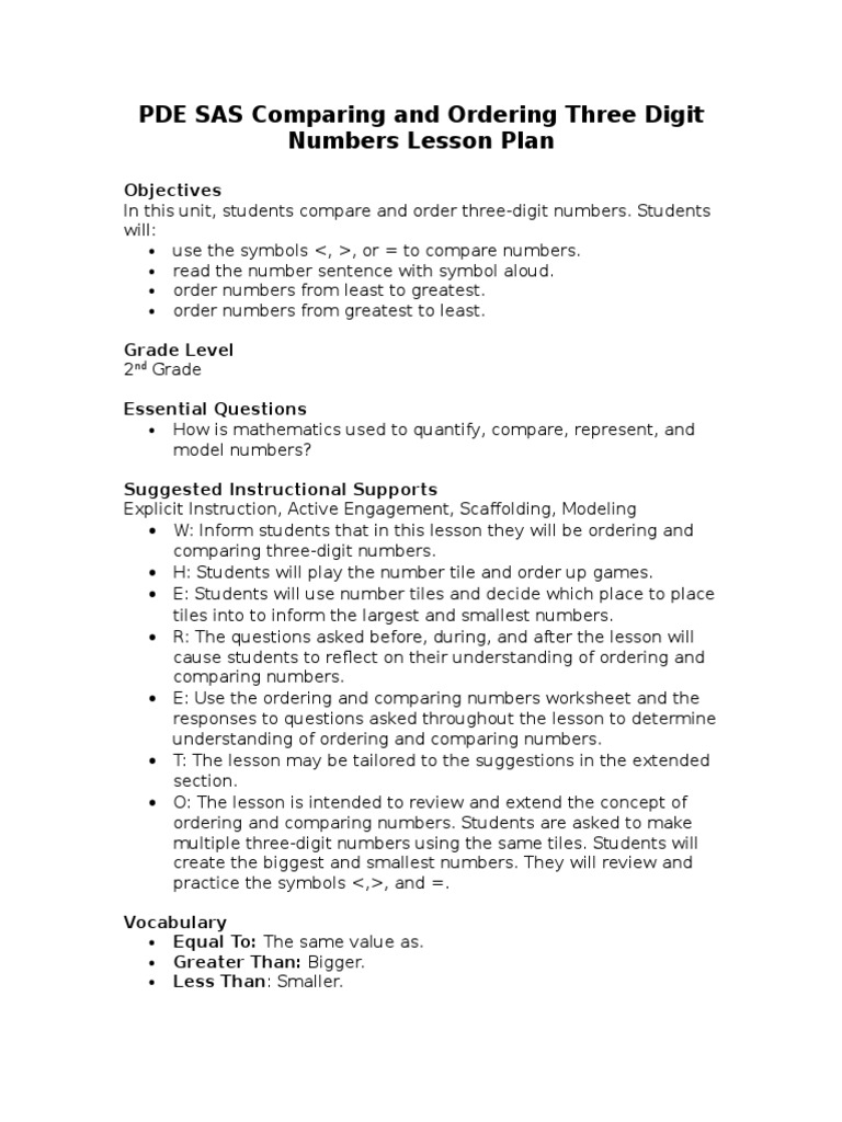 PDE SAS Comparing and Ordering Three Digit Numbers Lesson Plan | PDF ...
