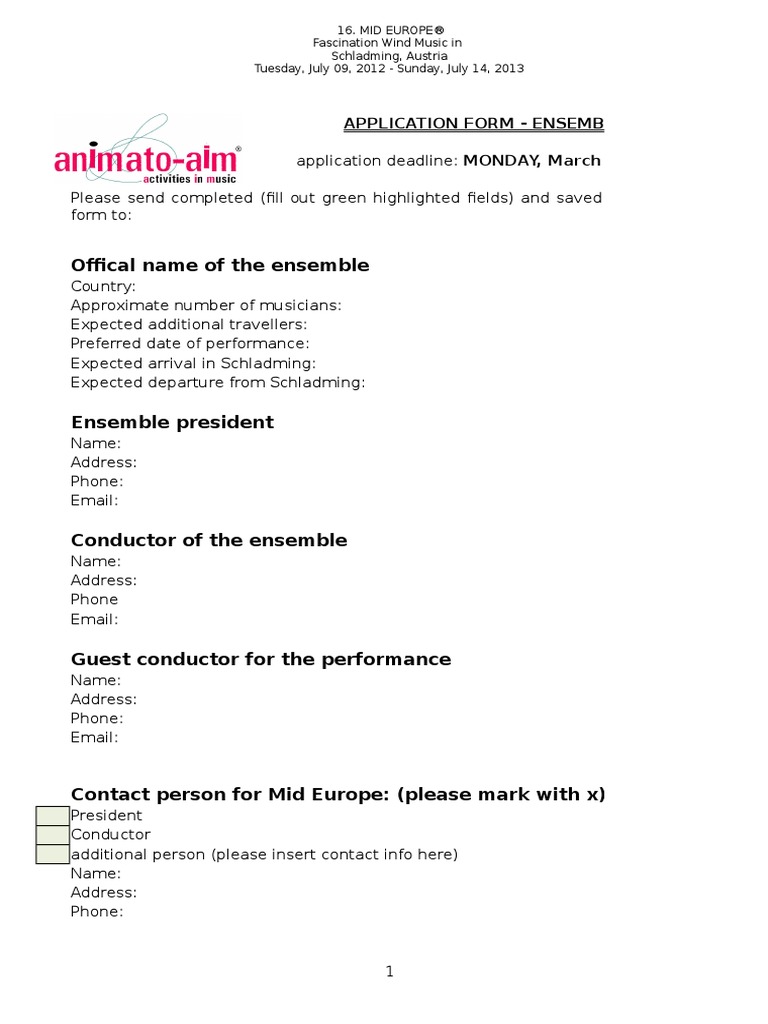 Offical Name of The Ensemble: Application Form - Ensembles | PDF | Drum ...