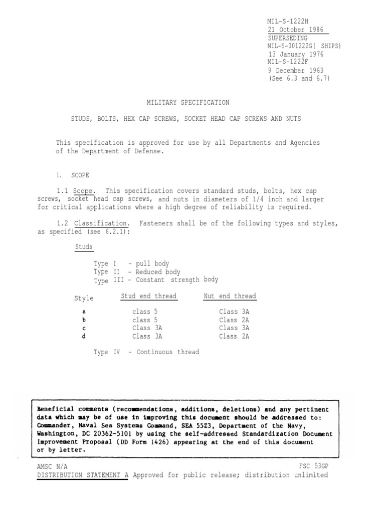Mil-S-1222 Rev H | Download Free PDF | Screw | Nut (Hardware)