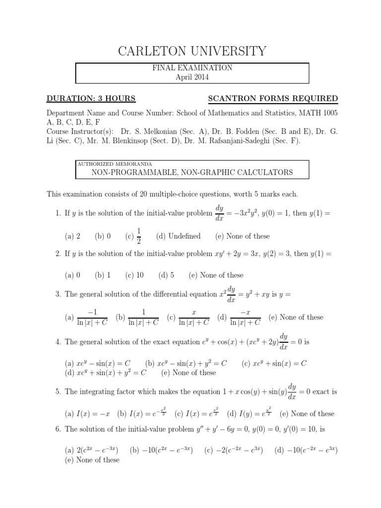 Carleton University MATH 1005 Exam 2014 | PDF | Power Series | Equations