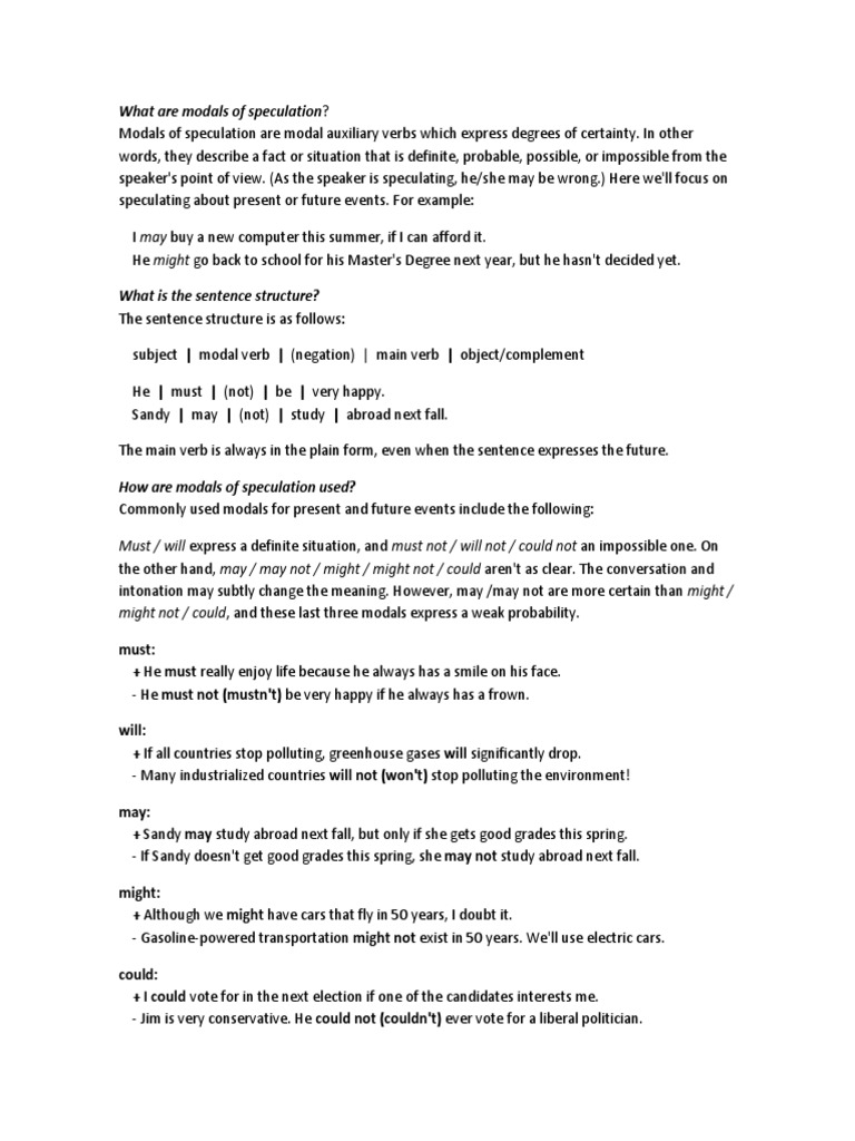What Are Modals of Speculation PDF Verb Adverb
