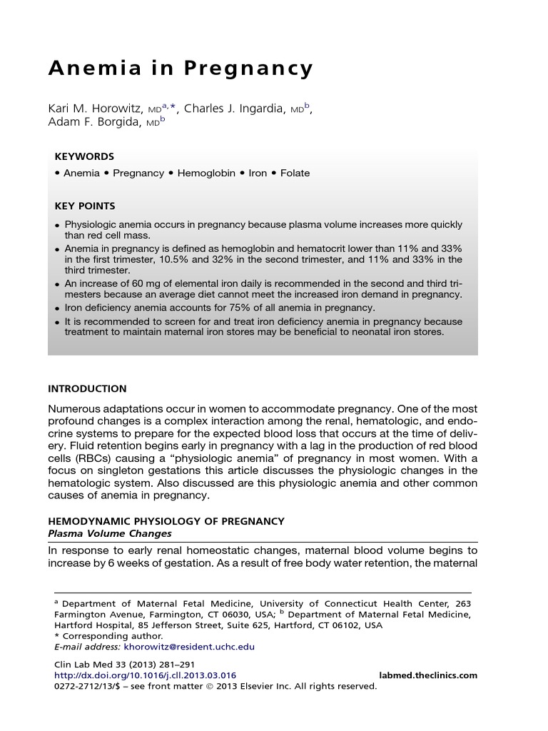 Anemia in Pregnancy PDF Anemia Red Blood Cell