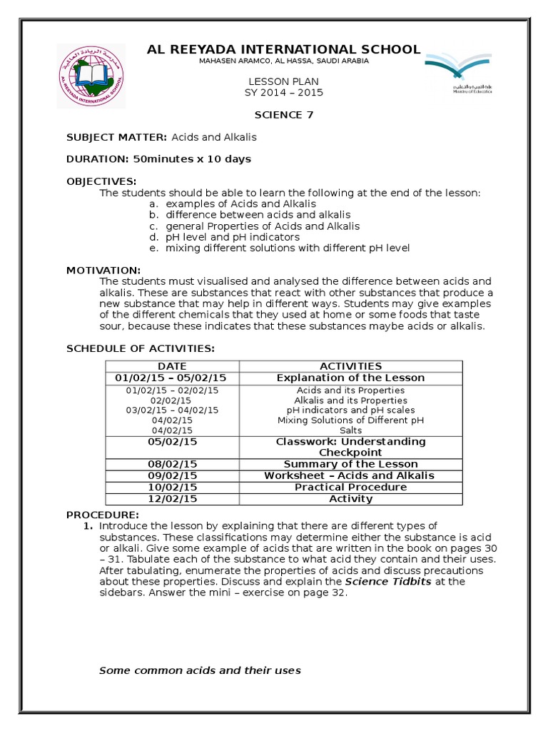 Acids and Alkalis Lesson Plan for Grade 7 | PDF | Acid | Ph